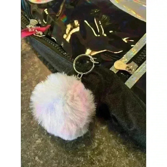 NWT Justice Ying & Yang Girls Backpack Holographic Silver with Pom Pom Keychain - Picture 8 of 10